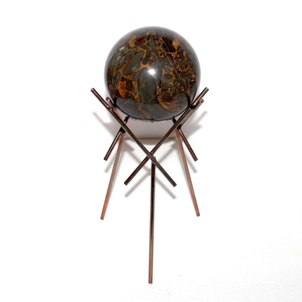 Vintage Bamboo Jasper Sphere 4” on brass Stand MCM decor stone ball 3lb 9oz